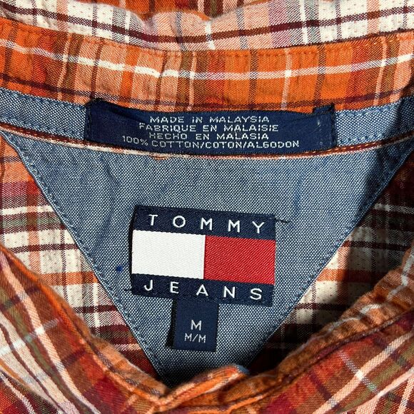 VTG TOMMY Jeans HILFIGER Shirt Mens Medium Orange Plaid Quilted Lined LS Button - Picture 2 of 16